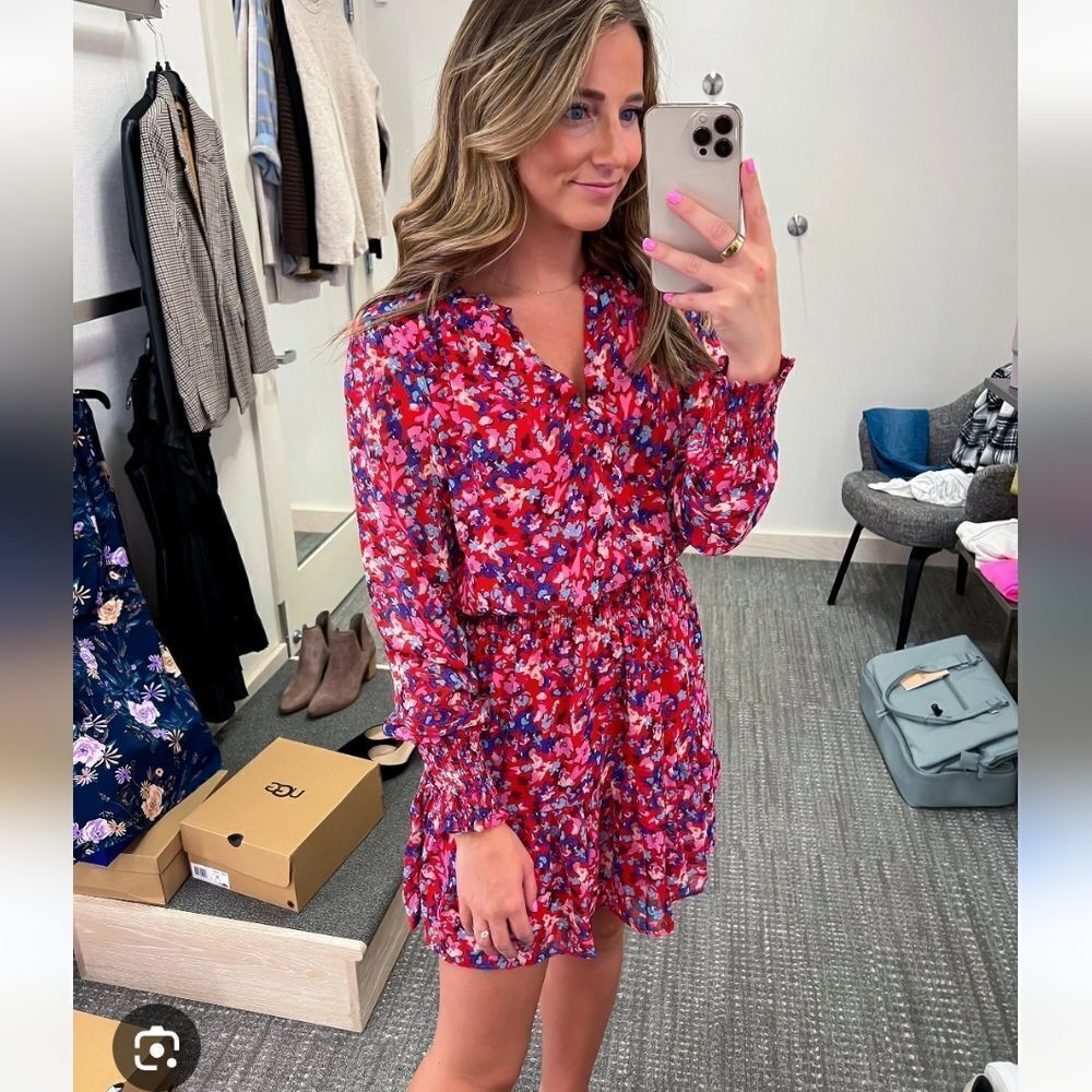 Chelsea28 Long Sleeve Chifon Dress In Floral Red Size Large